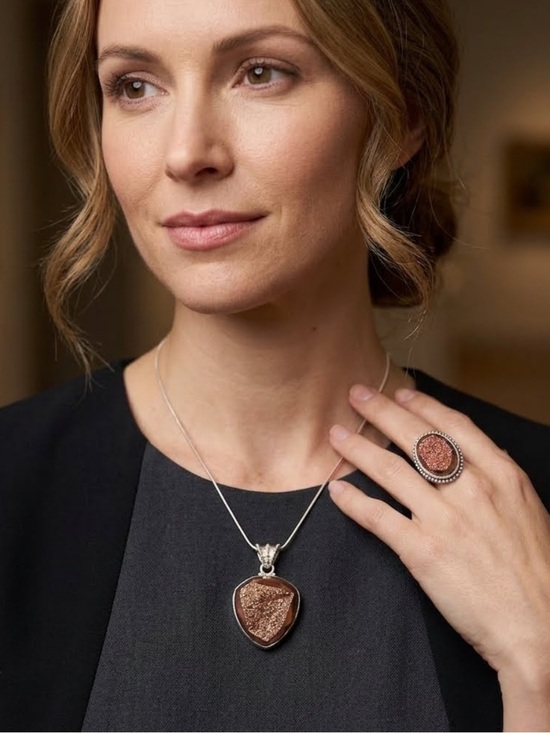 Gems En Vogue Jewelry - GEMS EN VOGUE 925 Sterling Silver Druzy Pendant Necklace and Ring Set